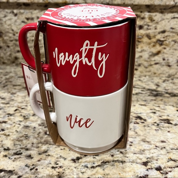 Peppermint & Pine • Naughty Nice Stackable Stonewear Mug Set • Red White • 18oz - Picture 4 of 9